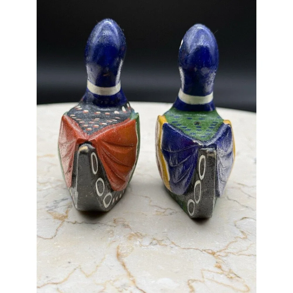 Vintage Korean Wedding Ducks Pair Hand Carved Painted Wood Folk Art 3.5”